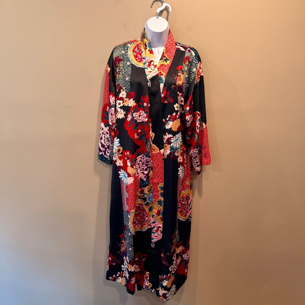 Natori Floral Patchwork Satin Kimono Robe Duster Internal Tie No Belt M Japanese